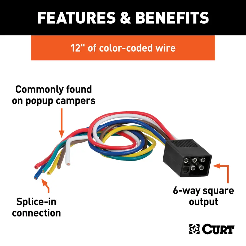 Curt 58037 Trailer-Side 6-Pin Square Connector Harness – 12-Inch Lead Wires 1